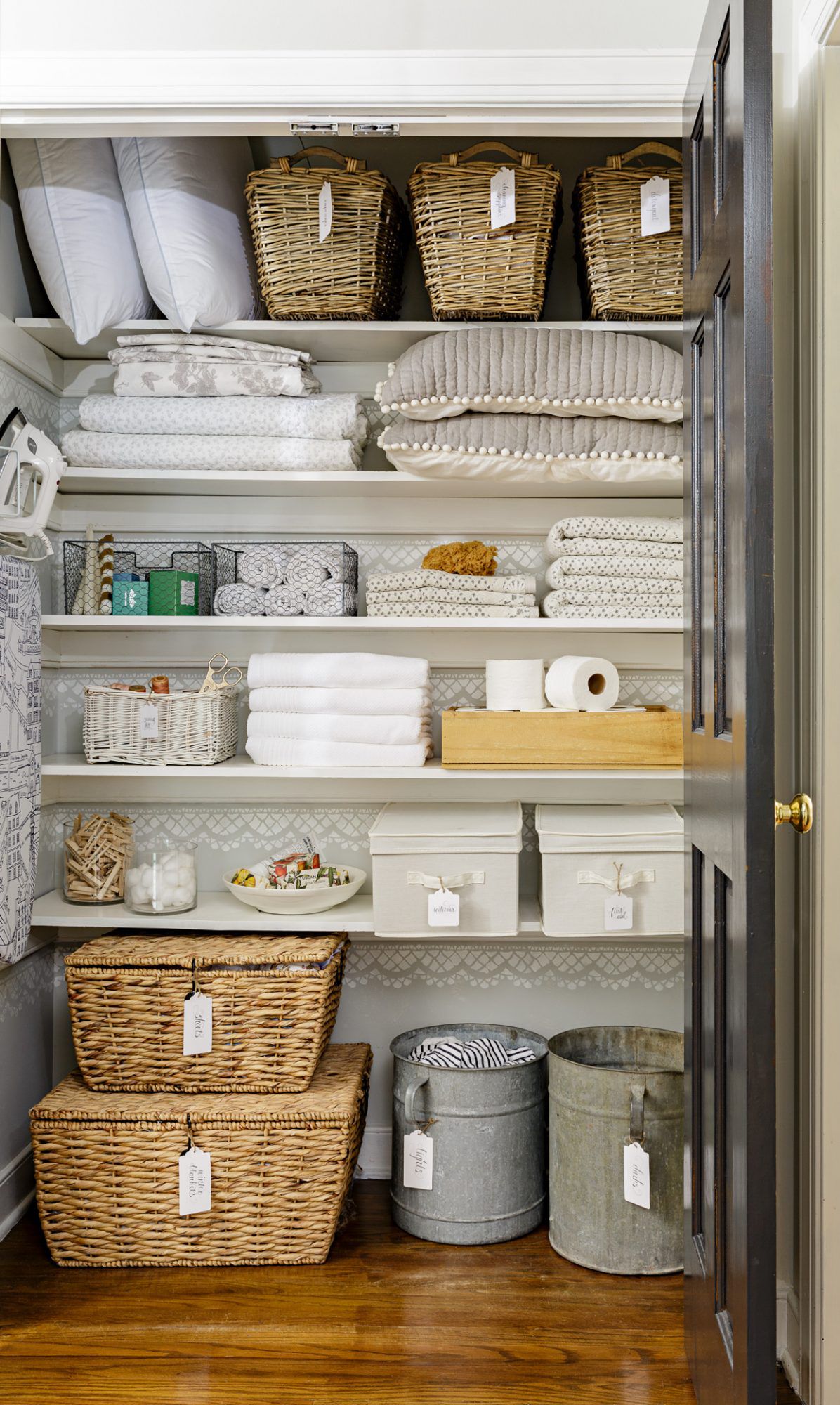 linen closet storage shelving-containers