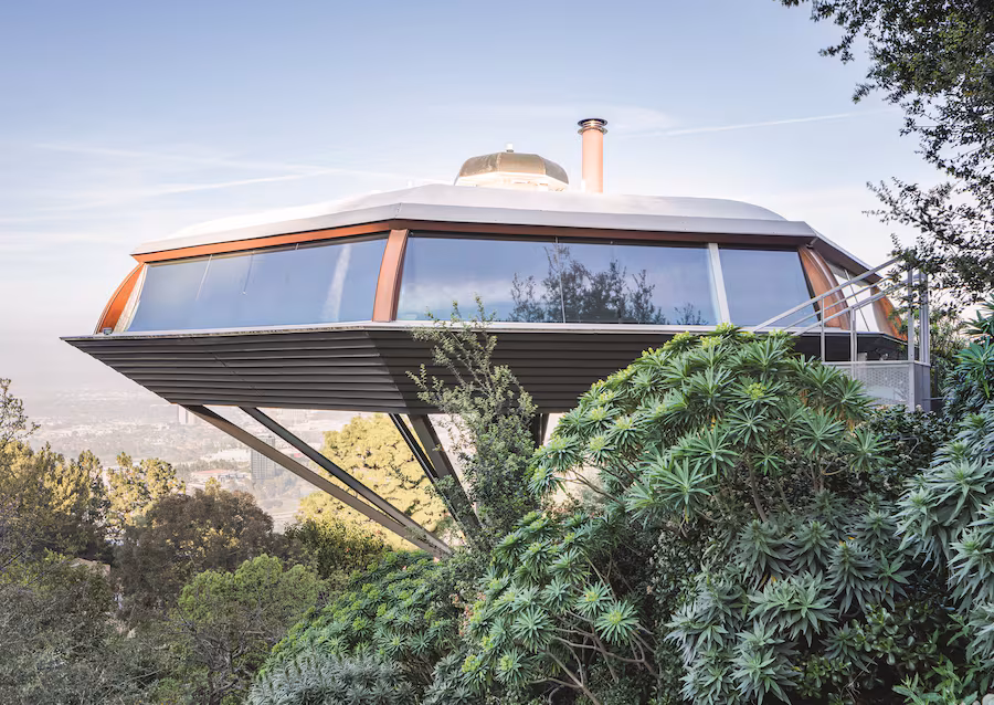 Chemosphere House by John Lautner in Los Angeles showcasing futuristic celebrity home architecture on a single concrete column
