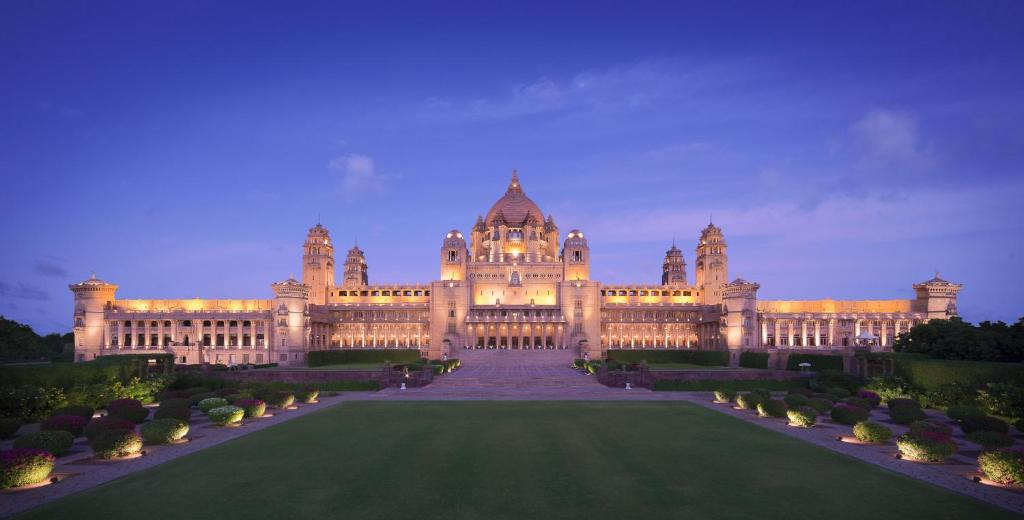 Umaid Bhawan Palace, a grand sandstone palace in Jodhpur, India.