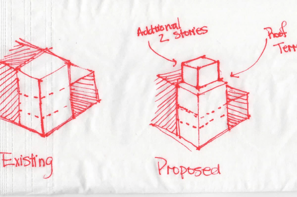 The initial sketches where the architect is still exploring the design possibilities.
